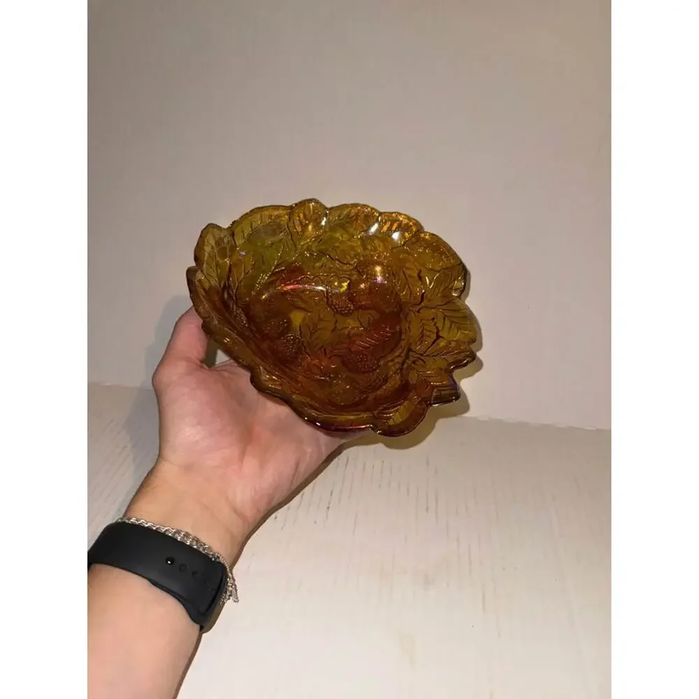 Imperial Glass Blackberry Leaf Marigold Iridescent Amber Carnival Glass 8